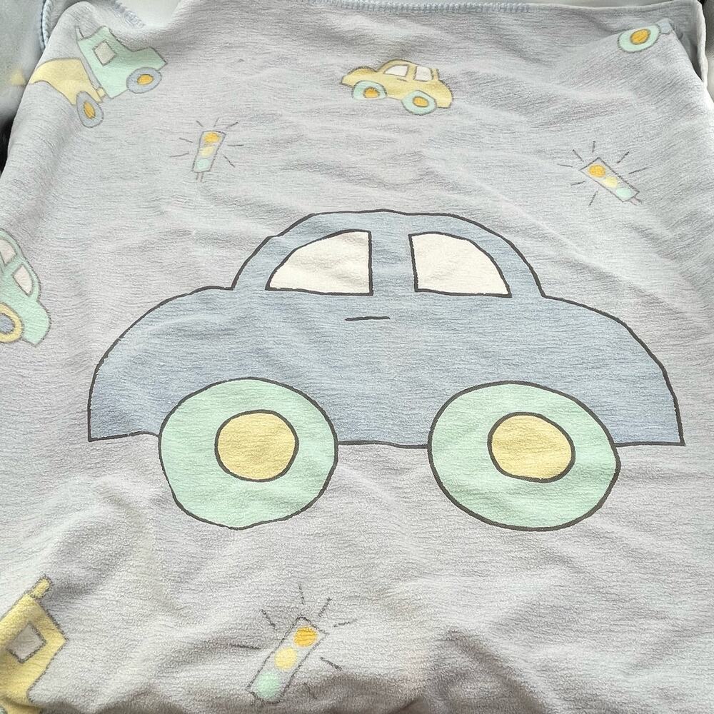 Large Kooshies Blue Car Baby Blanket Green Yellow 100% Cotton Dump Truck Vintge